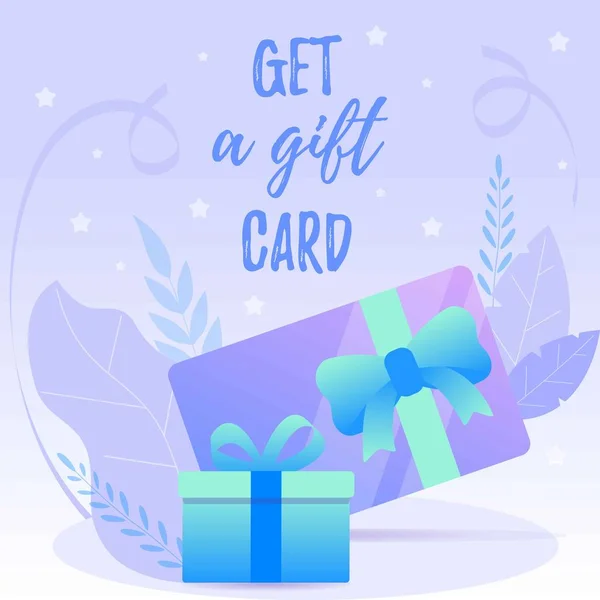 Banner web púrpura y azul con cintas y hojas decoradas con tarjeta de regalo . — Vector de stock