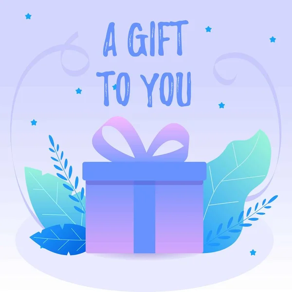 Decoratieve paarse geschenk doos met blauwe blaadjes en linten. — Stockvector