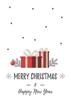 Hediyeler ve eve şube ile Noel kartı. Kırmızı hediye kutusu. Tebrik kartları, afişler, el ilanları için vektör konsepti.