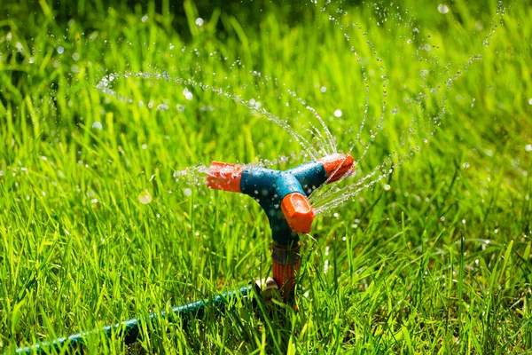 Rotierender Gartenregner, der Gras gießt — Stockfoto