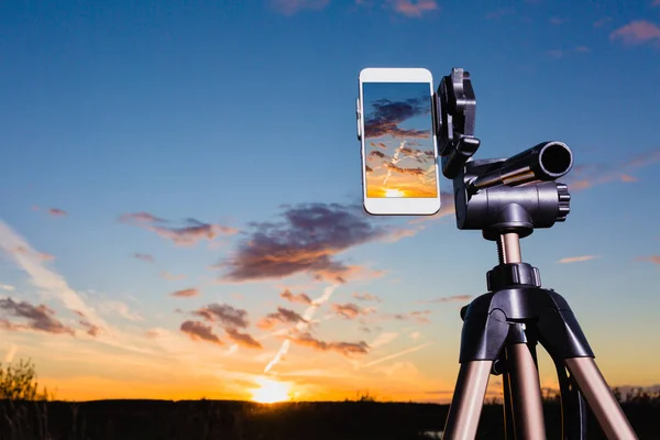 Смартфон на штатив захоплення зображення заходу сонця у вертикальному режимі — стокове фото