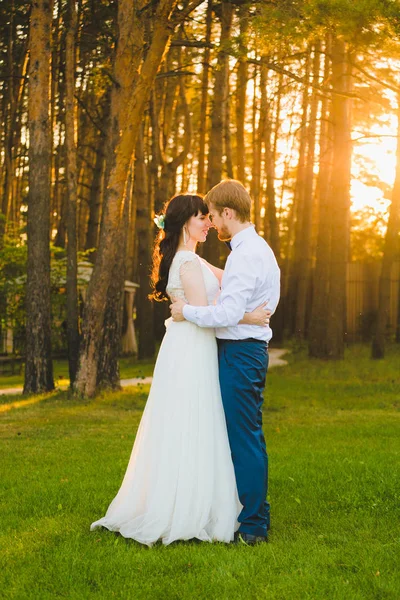 Casal de recém-casados em pé em uma grama verde — Fotografia de Stock