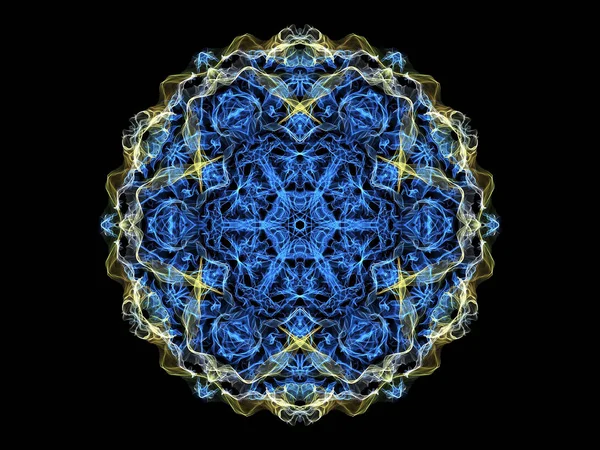Blue and yellow abstract flame mandala flower, ornamental floral round pattern on black background.