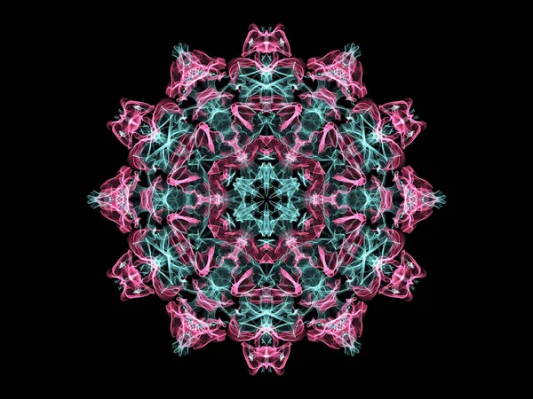 Glowing abstarct flame mandala flower in pink and turquoise colors, ornamental round pattern on black background.