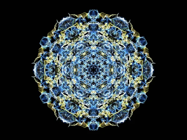 Blue and yellow abstract flame mandala snowflake, ornamental round pattern on black background. Yoga theme.