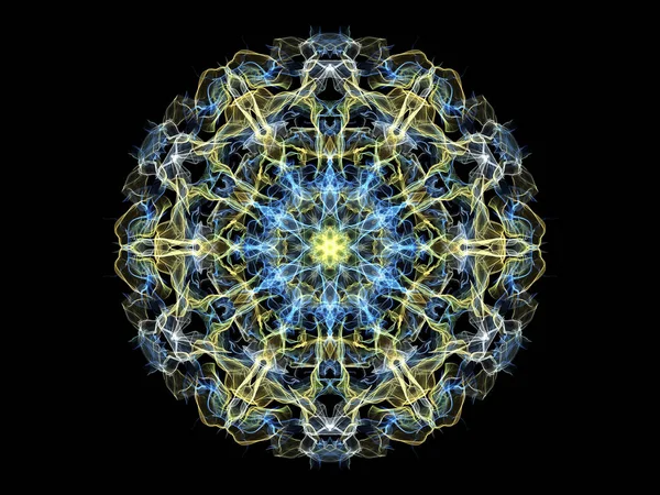 Blue and yellow abstract flame mandala snowflake, ornamental round pattern on black background. Yoga theme