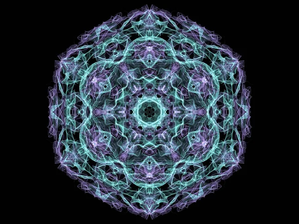 Turquoise and violet abstract flame mandala snowflake, ornamental hexagonal pattern on black background. Yoga theme.