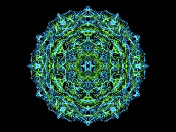 Green and blue abstract flame mandala flower, ornamental round pattern on black background. Yoga theme.