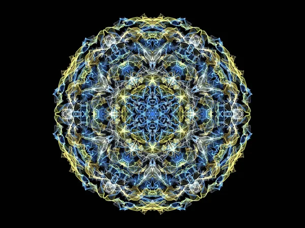 Blue and Yellow abstract flame mandala snowflake, ornamental round pattern on black background. Yoga theme.