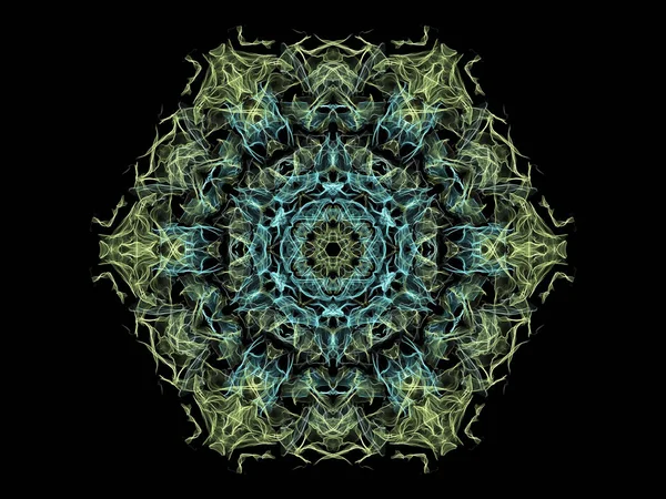 Green and blue abstract flame mandala flower, ornamental hexagonal pattern on black background. Yoga theme.
