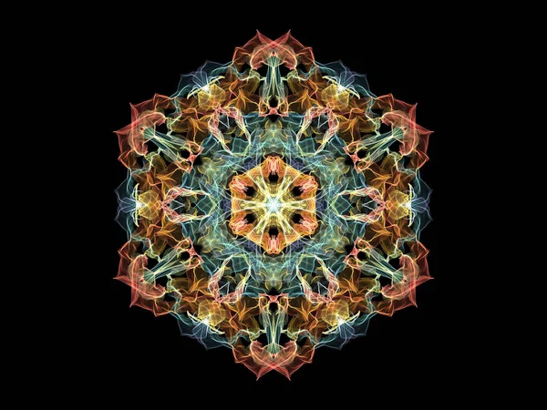 Red, blue and yellow abstract flame mandala flower, ornamental hexagonal pattern on black background. Yoga theme.