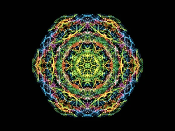 Blue, green and yellow abstarct flame mandala flower, ornamental floral round pattern on black background. Yoga theme.