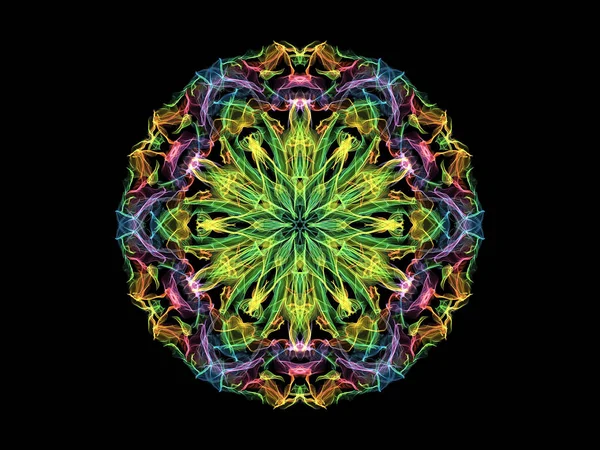 Blue, green and red abstarct flame mandala flower, ornamental floral round pattern on black background. Yoga theme.