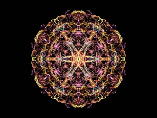 Red, blue and yellow abstract flame mandala flower, ornamental floral round pattern on black background. Yoga theme.