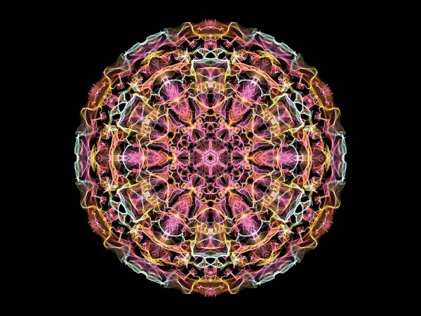 Red, blue and yellow abstract flame mandala flower, ornamental floral round pattern on black background. Yoga theme.