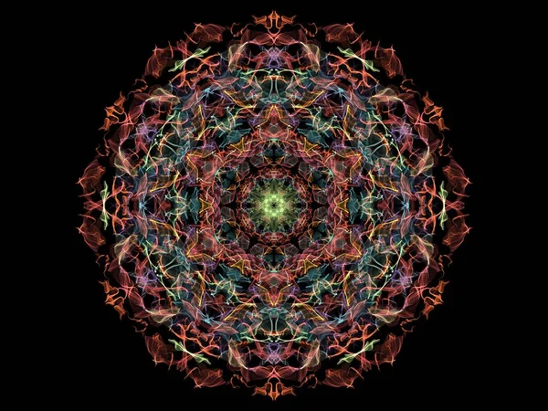 Red, blue and green abstract flame mandala flower, ornamental floral round pattern on black background. Yoga theme.
