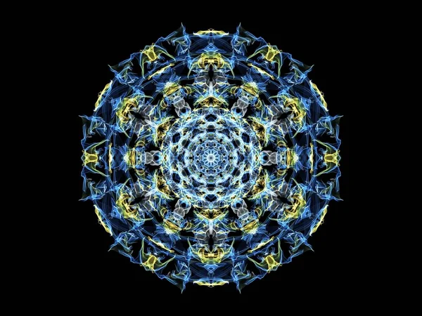 Bright blue and yellow abstract flame mandala flower, ornamental floral round pattern on black background. Yoga theme.