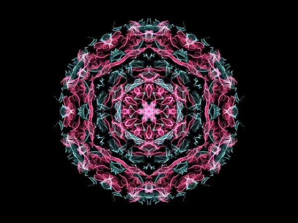 Pink and turquoise abstract flame mandala flower, ornamental floral round pattern on black background. Yoga theme.