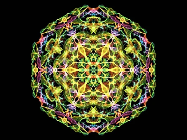 Green, yellow and blue abstract flame mandala flower, ornamental floral round pattern on black background. Yoga theme.