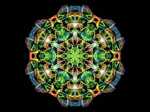 Green, blue and red abstract flame mandala flower, ornamental floral round pattern on black background. Yoga theme.
