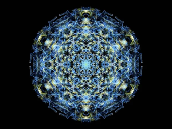 Glowing blue and yellow abstract flame mandala flower, ornamental floral round pattern on black background. Yoga theme.