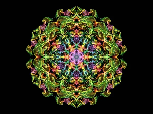 Green, pink and blue abstract flame mandala flower, ornamental floral round pattern on black background. Yoga theme.