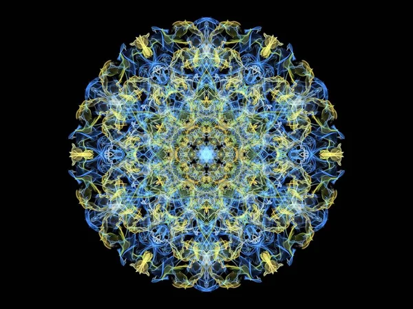 Blue and yellow abstract flame mandala flower, ornamental floral round pattern on black background. Yoga theme.