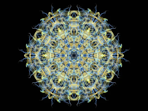 Blue and yellow abstract flame mandala flower, ornamental floral round pattern on black background. Yoga theme.