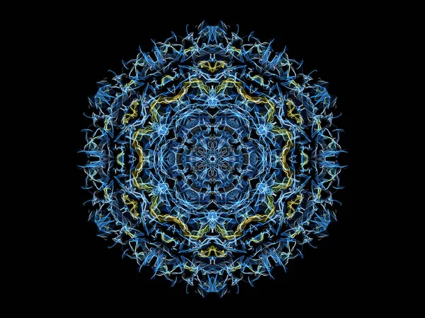 Blue and yellow abstract flame mandala snowflake, ornamental floral round pattern on black background. Yoga theme.