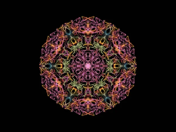 Pink,  yellow, green and blue abstract flame mandala flower, ornamental floral round pattern on black background. Yoga theme.