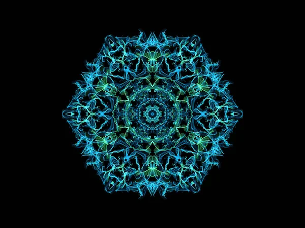 Blue and green abstract flame mandala snowflake, ornamental floral round pattern on black background. Yoga theme.
