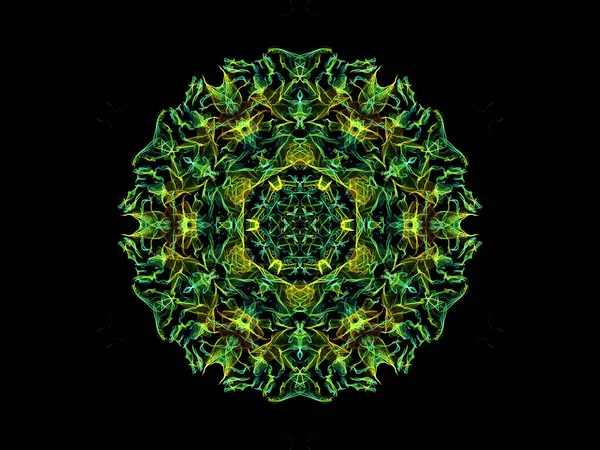 Green, yellow and blue abstract flame mandala flower, ornamental floral round pattern on black background. Yoga theme.