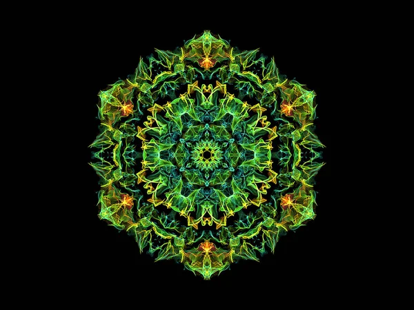 Green, yellow, red and blue abstract flame mandala flower, ornamental floral hexagonal pattern on black background. Yoga theme.