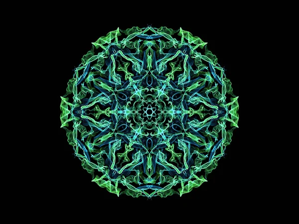 Green and blue abstract flame mandala flower, ornamental floral round pattern on black background. Yoga theme.