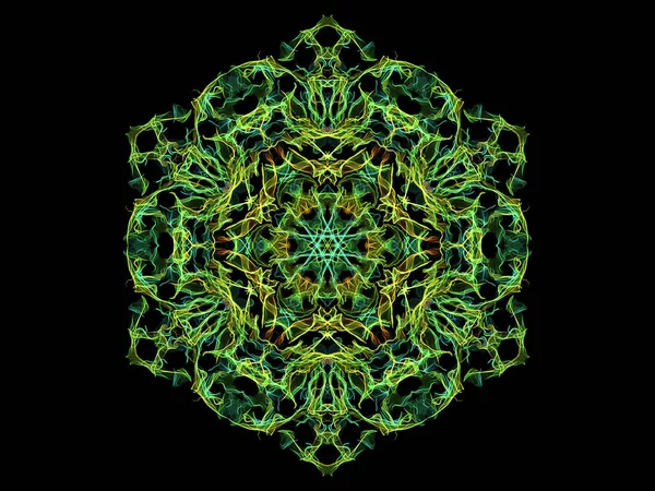 Green, yellow and blue abstract flame mandala flower, ornamental floral hexagonal pattern on black background. Yoga theme.