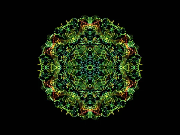 Green, yellow, blue and pink abstract flame mandala flower, ornamental floral round pattern on black background. Yoga theme.