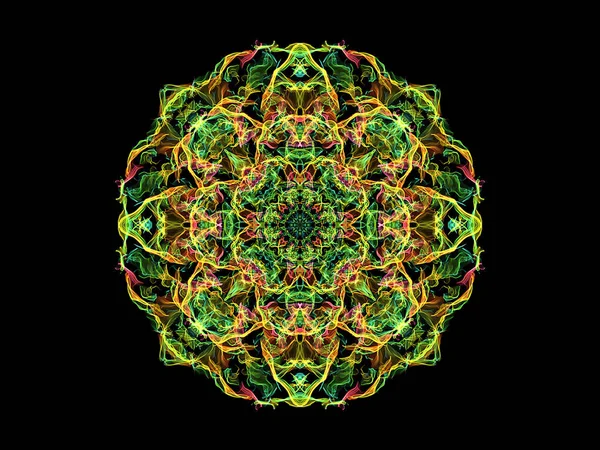 Green, yellow, pink and blue abstract flame mandala flower, ornamental floral round pattern on black background. Yoga theme.