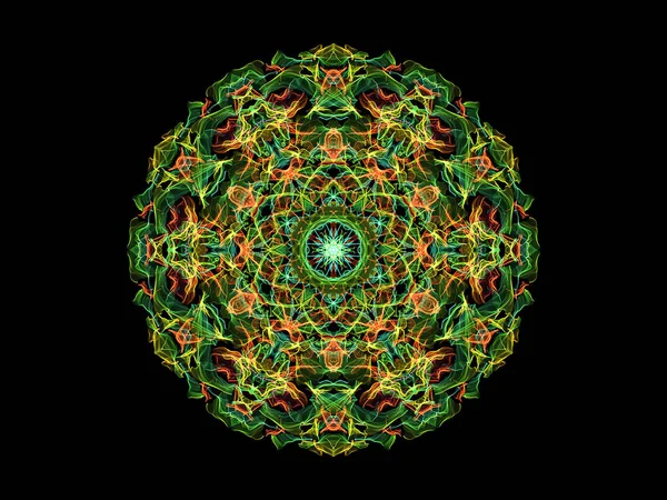 Green, yellow, coral and blue abstract flame mandala flower, ornamental floral round pattern on black background. Yoga theme.