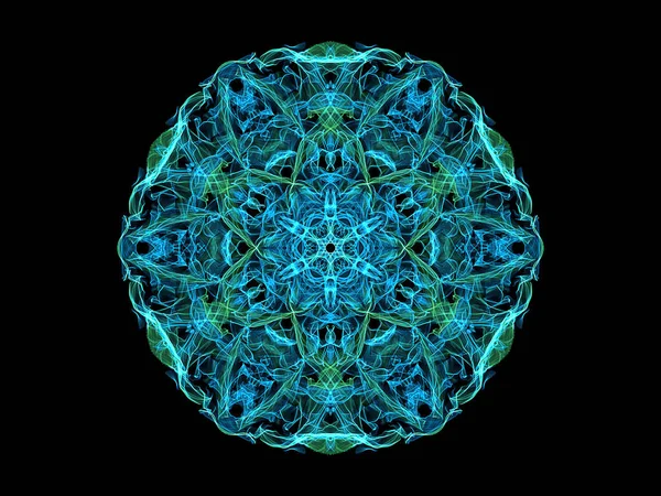 Blue and green abstract flame mandala flower, ornamental floral round pattern on black background. Yoga theme.