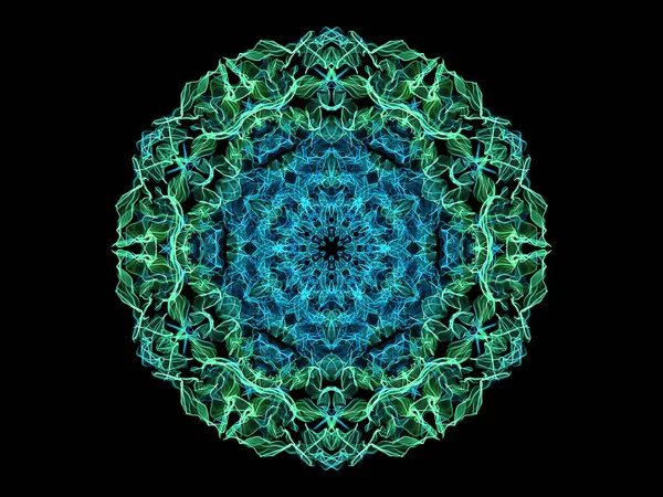 Green and blue abstract flame mandala flower, neon ornamental floral round pattern on black background. Yoga theme.