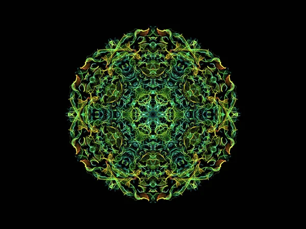 Green, blue and yellow abstract flame mandala flower, ornamental floral round pattern on black background. Yoga theme.
