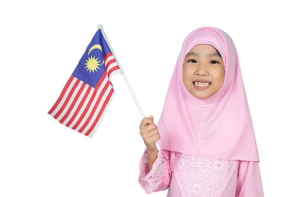 Asian Little Chinese Girl Traditional Malay Costume Holding Malaysian Flag — Stock Photo, Image