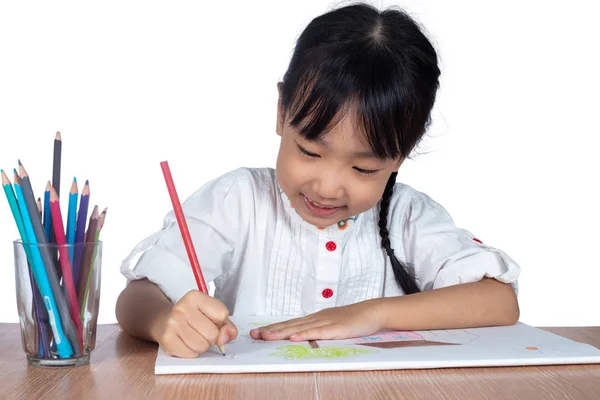 Asian Little Chinese Girl Painting Paper Isolated White Background — Stock Photo, Image