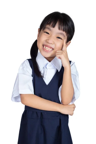 Asiatische Kleine Chinesische Mädchen Uniform Denken Isolierten Weißen Hintergrund — Stockfoto