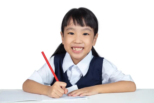 Asiático Chinês Menina Vestindo Escola Uniforme Estudando Isolado Branco Fundo — Fotografia de Stock