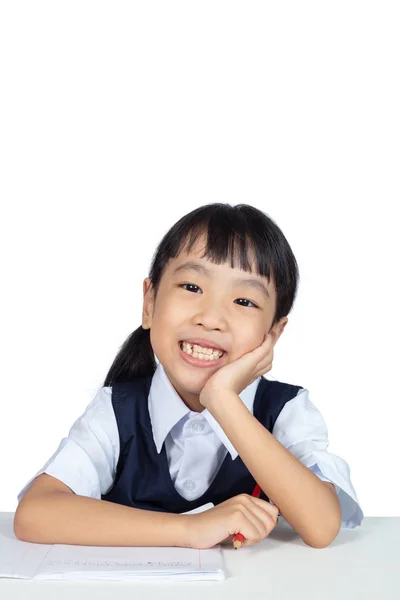 Aziatische Chinese Meisje Glimlachend Met Hand Kin Geïsoleerde Witte Achtergrond — Stockfoto