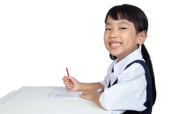 Asiático Chinês Menina Vestindo Escola Uniforme Estudando Isolado Branco Fundo — Fotografia de Stock