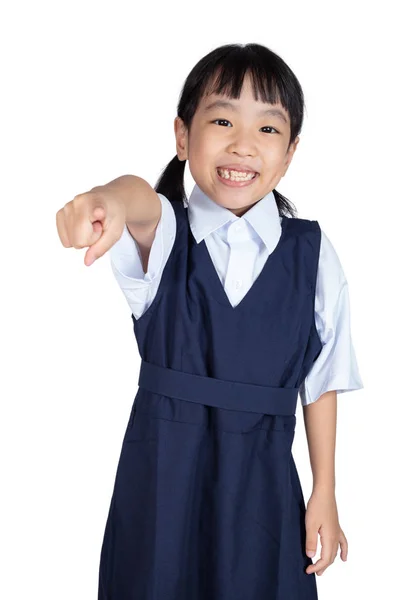 Asian Little Chinese Girl Pointing Finger Isolated White Background Stock Image