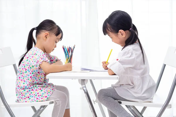 Asian Little Chinese Sisters Doing Homework Home — Stock Photo, Image