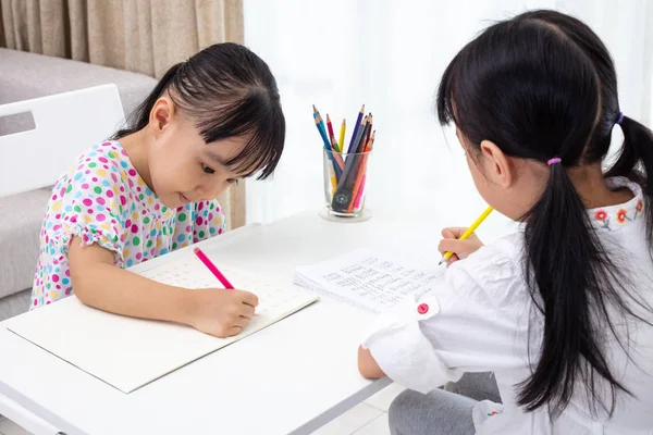 Asian Little Chinese Sisters Doing Homework Home — Stock Photo, Image